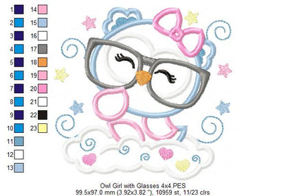 Cute Owl Girl with Glasses - Applique