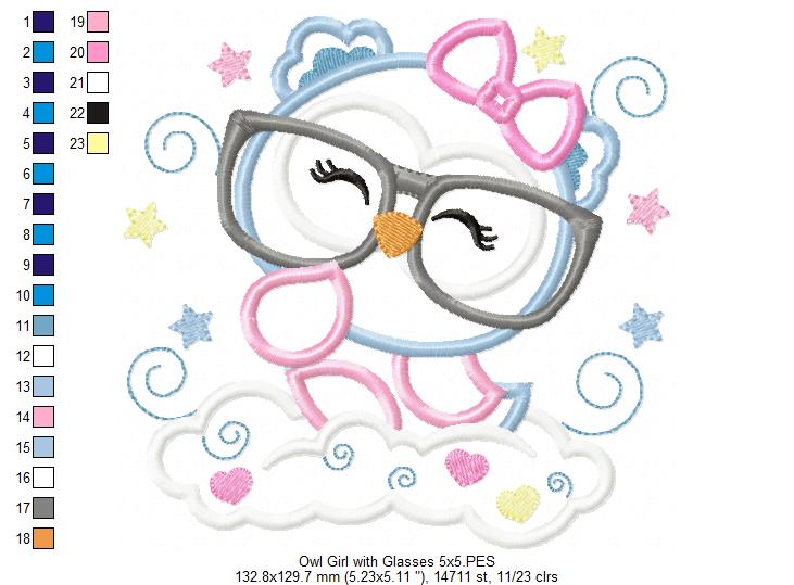 Cute Owl Girl with Glasses - Applique