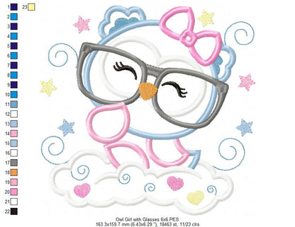 Cute Owl Girl with Glasses - Applique