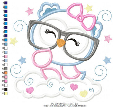 Cute Owl Girl with Glasses - Applique