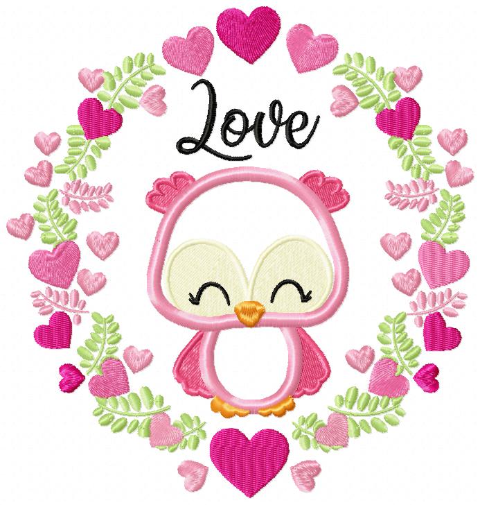Owl Love Hearts Frame - Applique