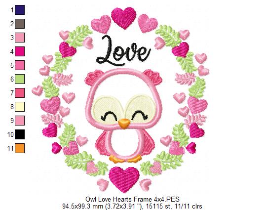 Owl Love Hearts Frame - Applique