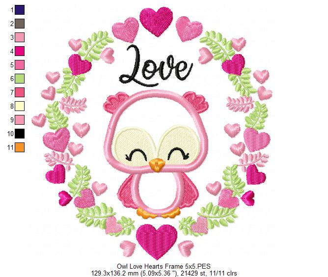Owl Love Hearts Frame - Applique
