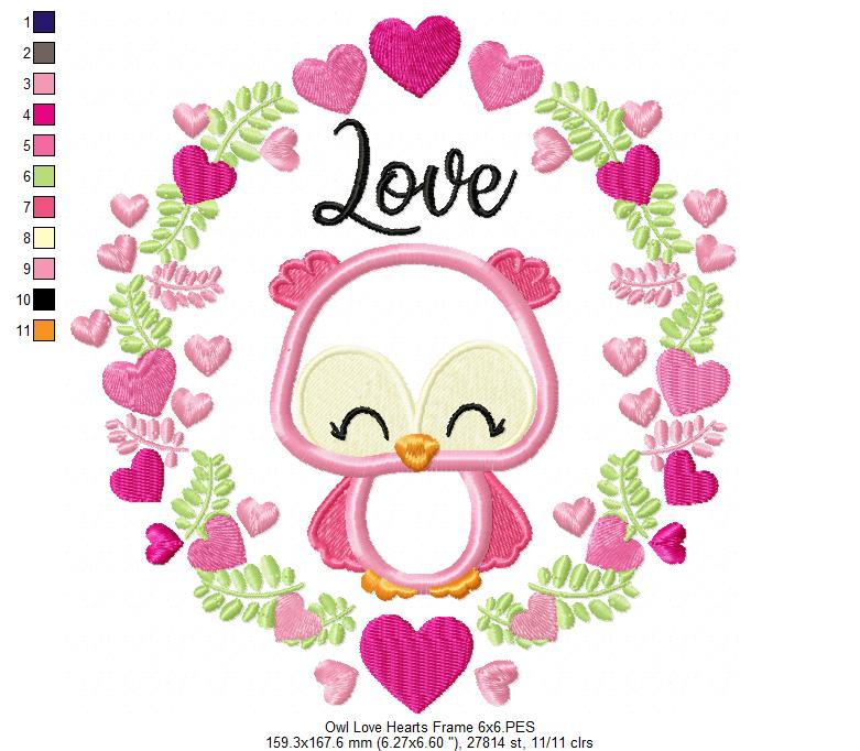 Owl Love Hearts Frame - Applique
