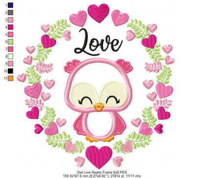Owl Love Hearts Frame - Applique