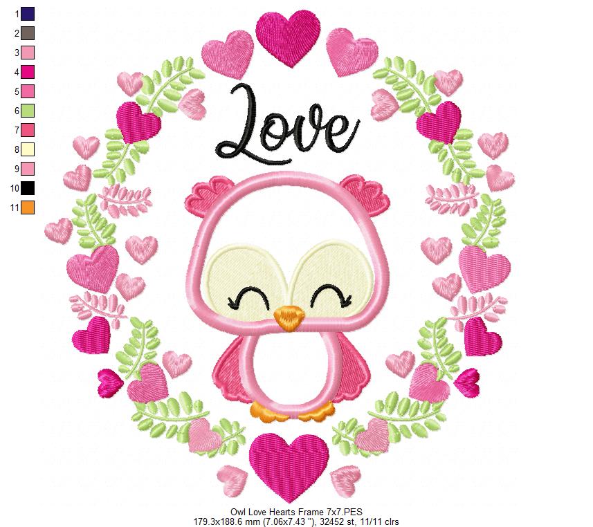Owl Love Hearts Frame - Applique
