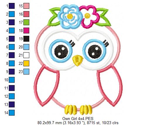 Sweet Floral Owl Girl - Appliqué – Machine Embroidery Design