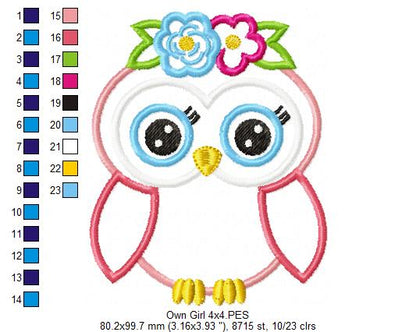 Sweet Floral Owl Girl - Appliqué – Machine Embroidery Design