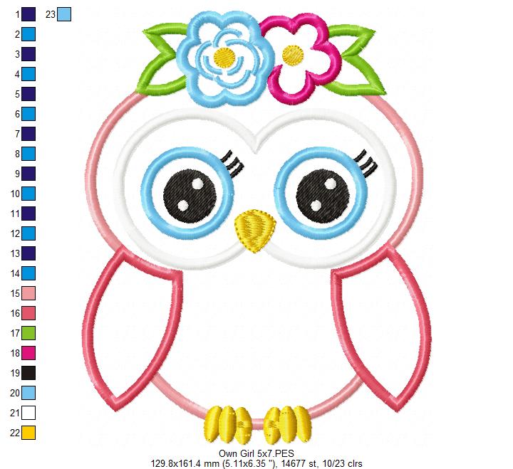 Sweet Floral Owl Girl - Appliqué – Machine Embroidery Design