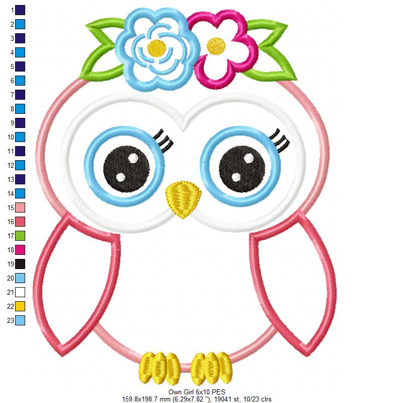 Sweet Floral Owl Girl - Appliqué – Machine Embroidery Design