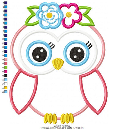 Sweet Floral Owl Girl - Appliqué – Machine Embroidery Design