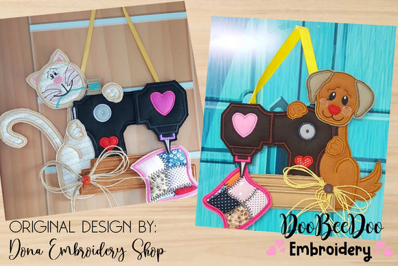 Sewing Machine Dog and Cat Door Ornament - Applique - Set of 2 designs