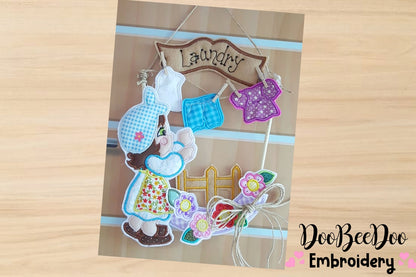 Girl Doing Laundry Wreath - ITH Project - Machine Embroidery Design