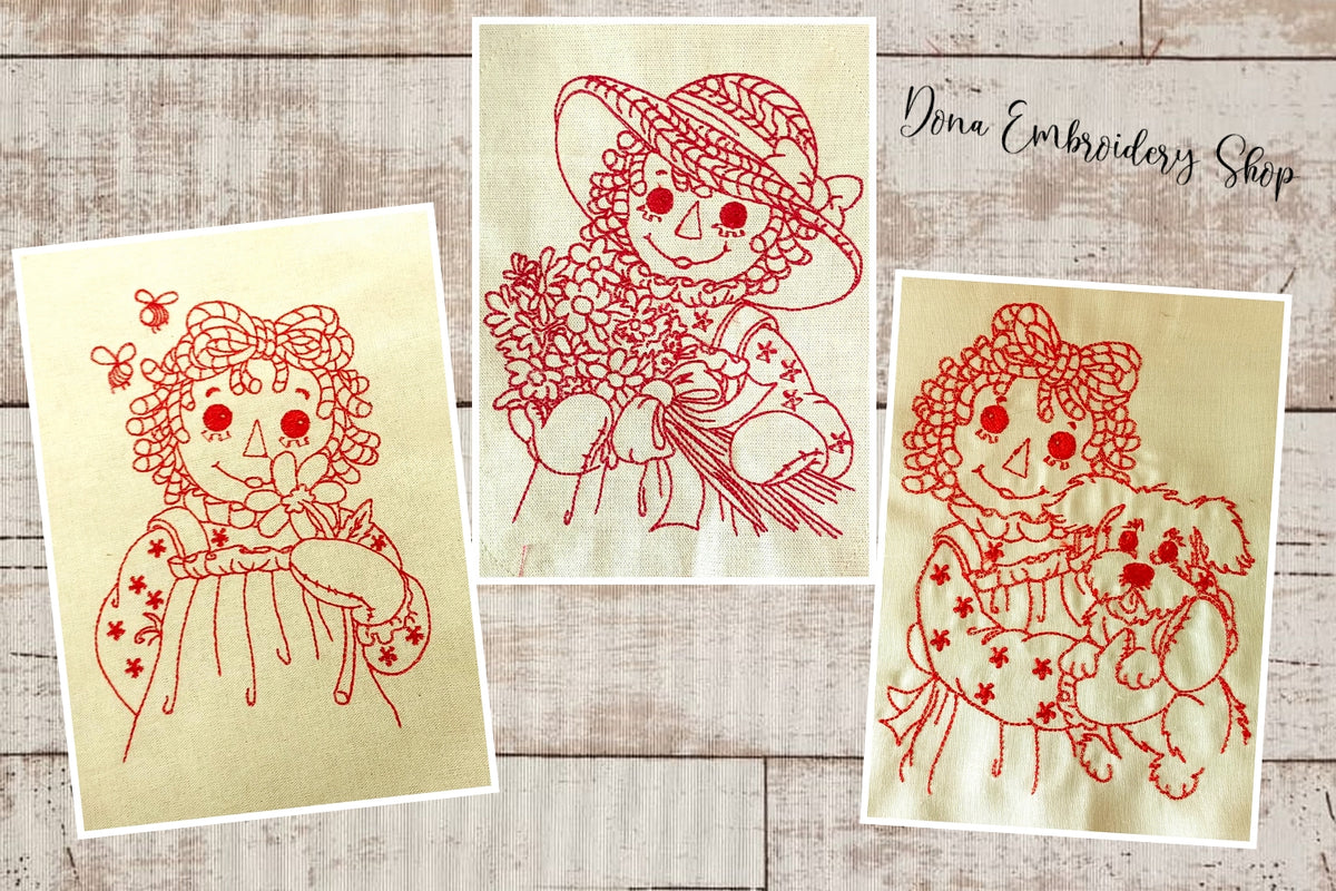 Cojo Raggedy Pack Raggedy Doll Pack with 3 designs - Redwork – DooBeeDoo Machine ...