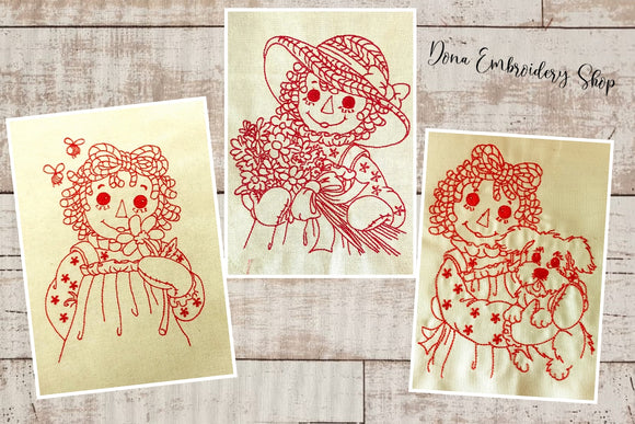 Raggedy Doll Pack with 3 designs - Redwork