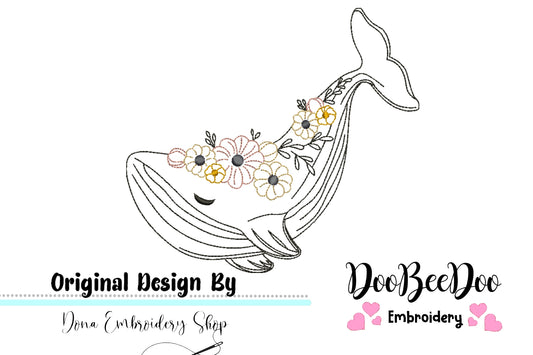 Flower Whale - Redwork