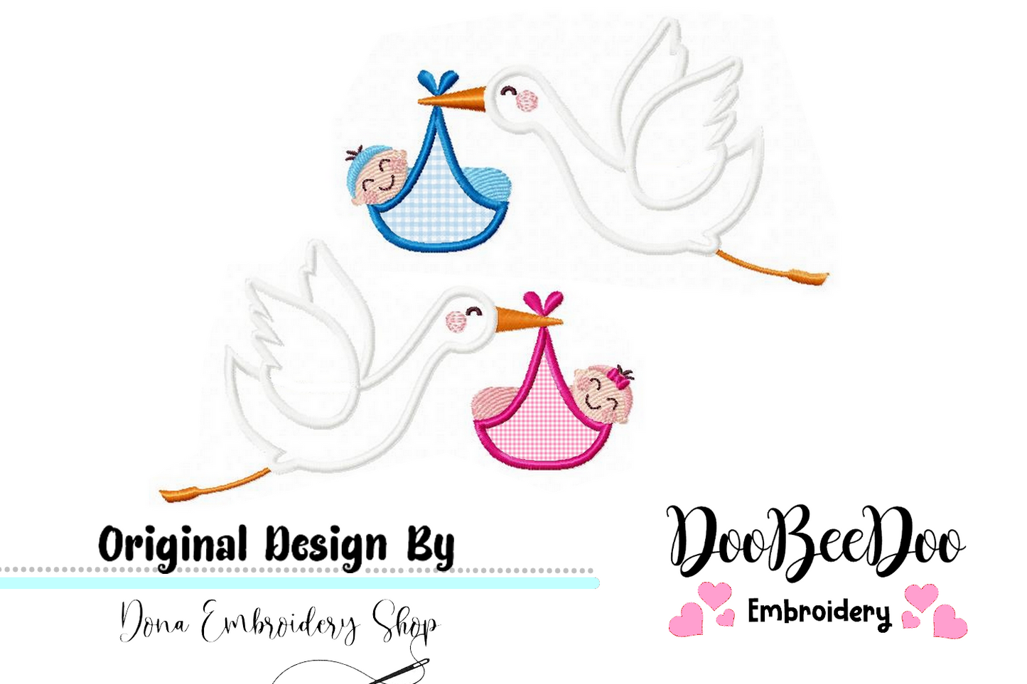 Stork - It's a Baby Boy and Girl - Applique - Set of 2 designs - Machine Embroidery Design