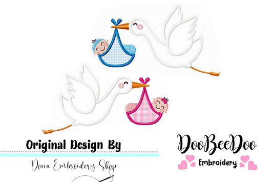 Stork - It's a Baby Boy and Girl - Applique - Set of 2 designs - Machine Embroidery Design