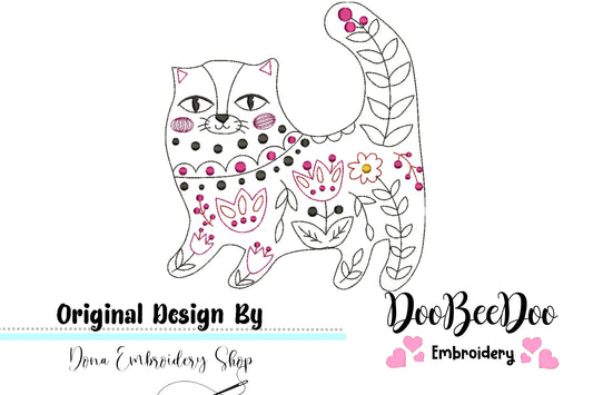 Flower Cat - Redwork