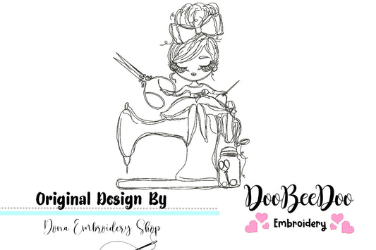 Sewing Machine Girl - Redwork