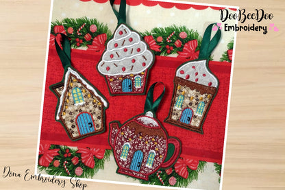 Gingerbread Houses Tree Ornaments - ITH Project - Machine Embroidery Design