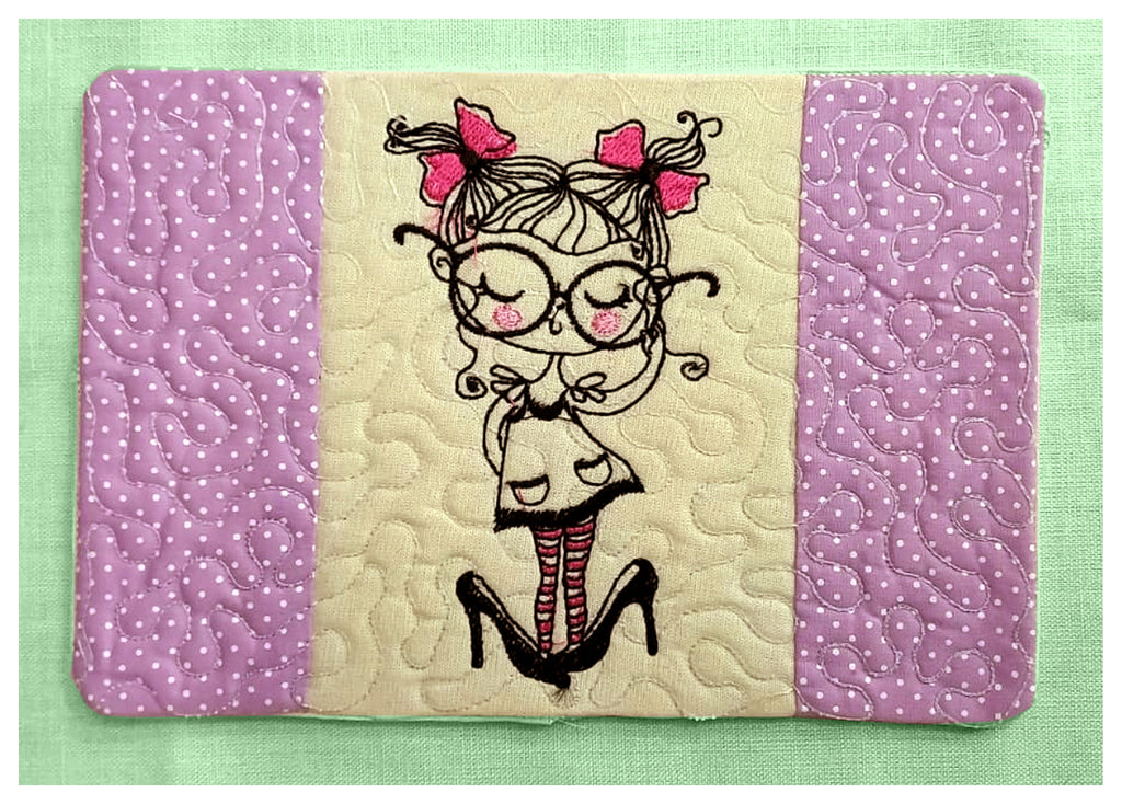 Cute Girl with Glasses Mug Rug - ITH Project - Machine Embroidery Design