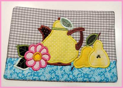 Pear Teapot Mug Rug - ITH Project - Machine Embroidery Design