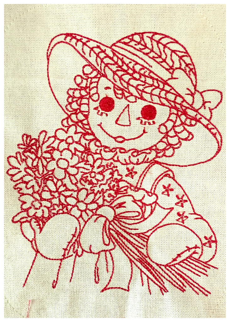 Raggedy Doll with flowers - Redwork