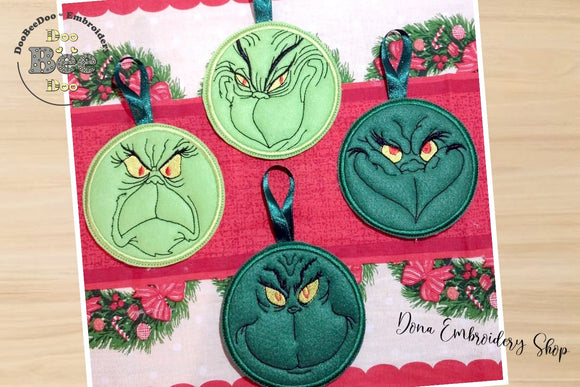 The Grinch Tree Ornaments Set of 4 Designs - ITH Project - Machine Embroidery Design
