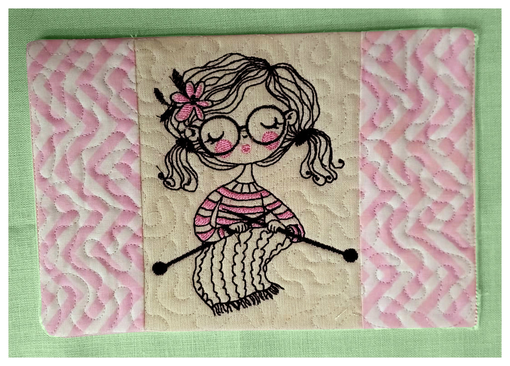 Cute Girl Knitting Mug Rug - ITH Project - Machine Embroidery Design