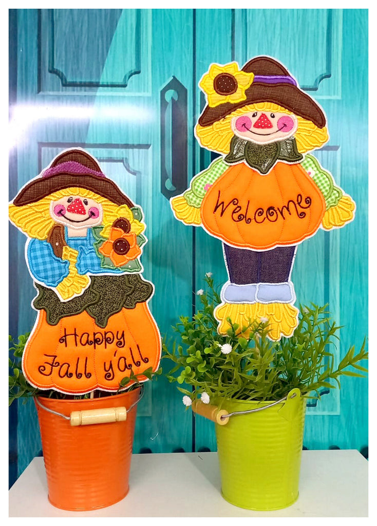 Scarecrow Vase Ornaments Set of 2 designs - ITH Project - Machine Embroidery Design