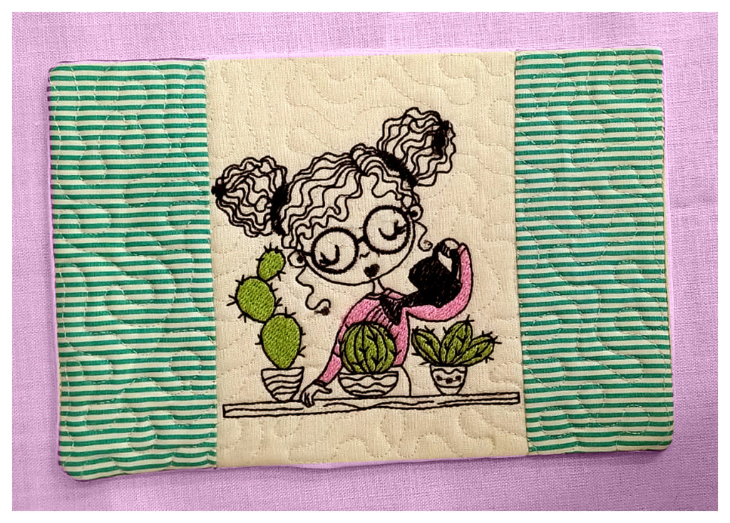 Cute Girl with Cactus Mug Rug - ITH Project - Machine Embroidery Design