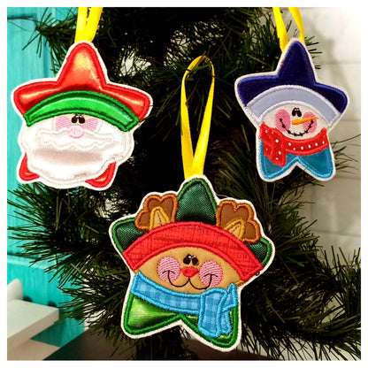Cute Stars Tree Ornaments Set of 3 Designs - ITH Project - Machine Embroidery Design