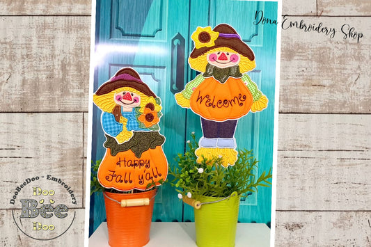Scarecrow Vase Ornaments Set of 2 designs - ITH Project - Machine Embroidery Design