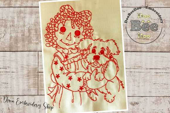 Raggedy Doll with Dog - Redwork Embroidery