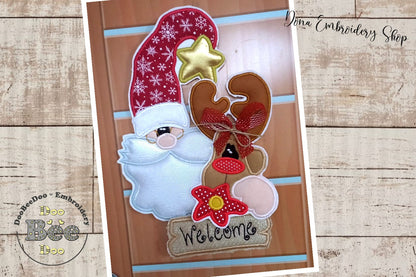 Santa and Reindeer Welcome Ornament - ITH Project - Machine Embroidery Design