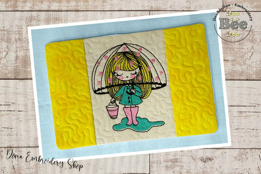 Cute Girl with Umbrella Mug Rug - ITH Project - Machine Embroidery Design