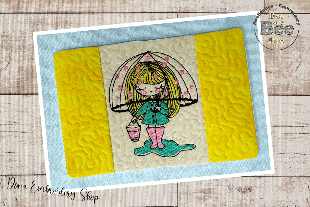 Cute Girl with Umbrella Mug Rug - ITH Project - Machine Embroidery Design