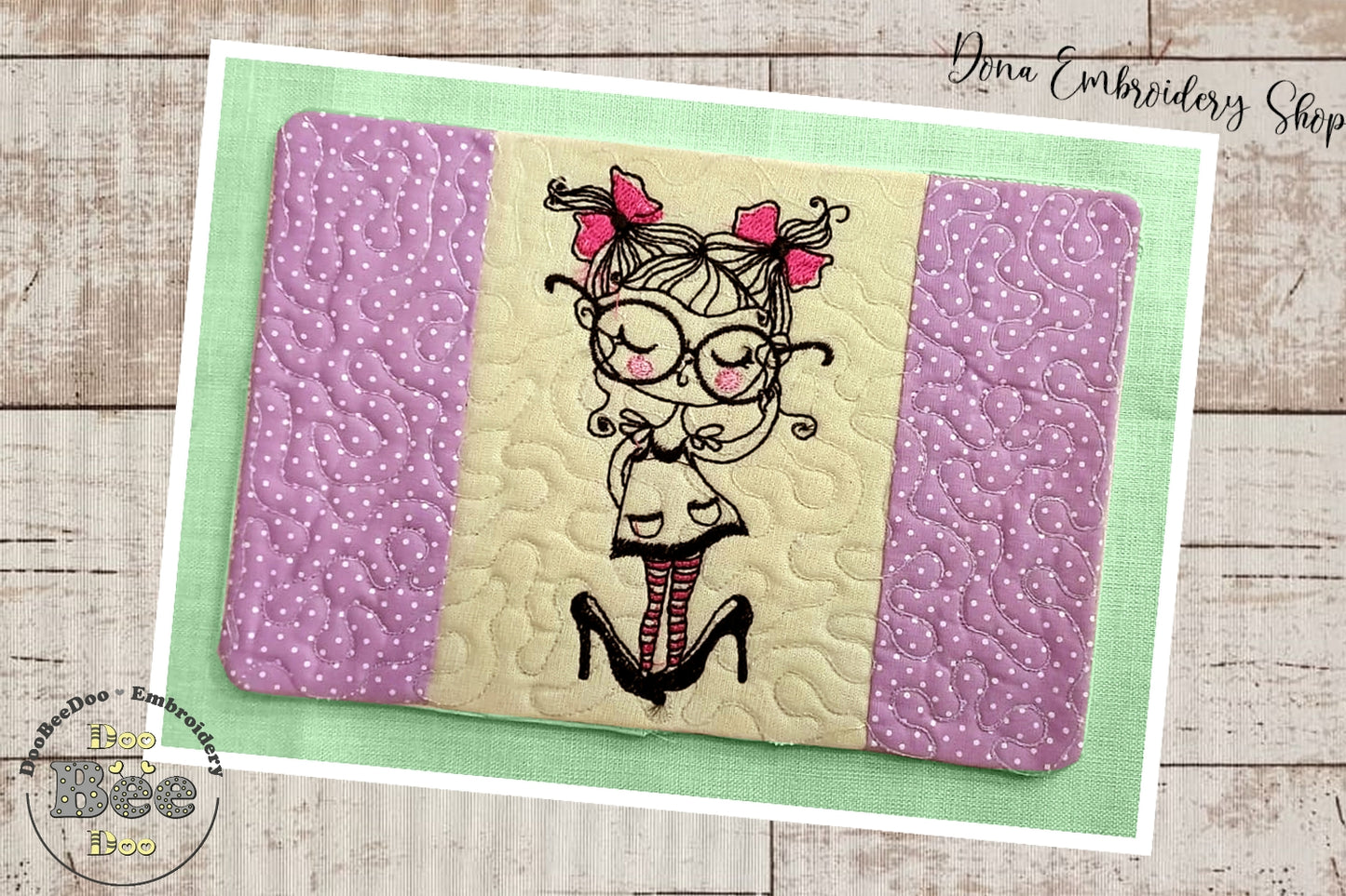 Cute Girl with Glasses Mug Rug - ITH Project - Machine Embroidery Design