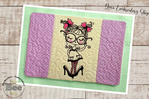 Cute Girl with Glasses Mug Rug - ITH Project - Machine Embroidery Design
