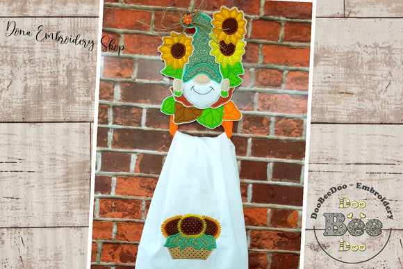 Sunflower Gnome Dish Cloth Hanger - ITH Project - Machine Embroidery Design