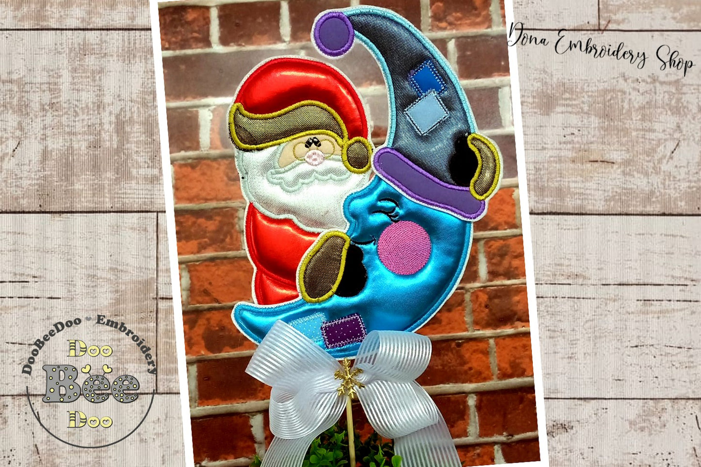 Santa With Moon Vase Ornament - ITH Project - Machine Embroidery Design