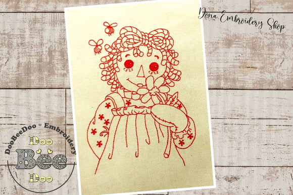Raggedy Doll with Bees - Redwork - Machine Embroidery Design
