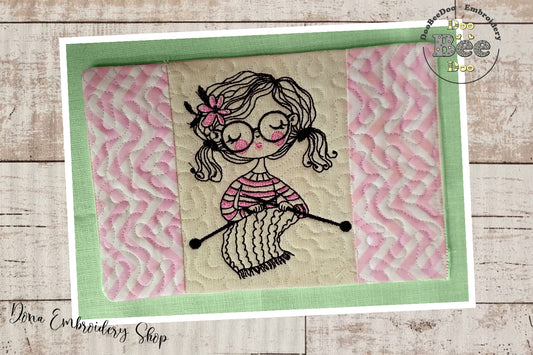 Cute Girl Knitting Mug Rug - ITH Project - Machine Embroidery Design