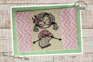 Cute Girl Knitting Mug Rug - ITH Project - Machine Embroidery Design
