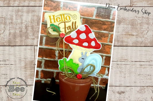 Mushroom and Snail Vase Ornament - ITH Project - Machine Embroidery Design