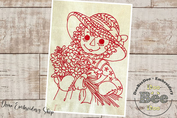 Raggedy Doll with flowers - Redwork