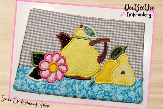 Pear Teapot Mug Rug - ITH Project - Machine Embroidery Design