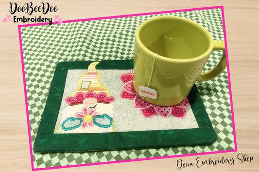 Spring Gnome Mug Rug - ITH Project - Machine Embroidery Design