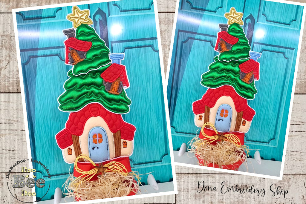 Christmas Tree House Vase Ornament - ITH Project - Machine Embroidery Design